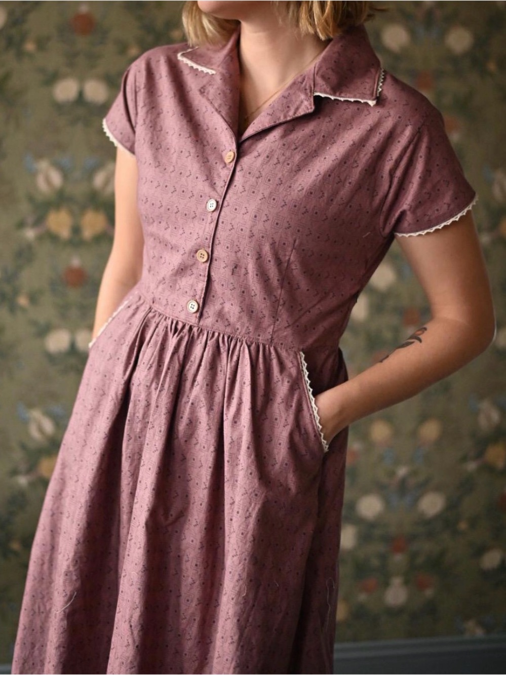 Vintage-Inspired Mauve Button-Front Dress